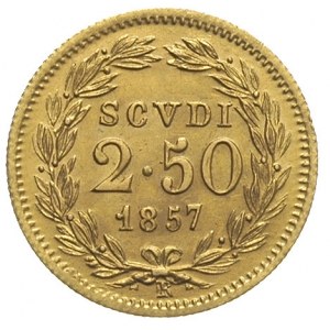 2.50 scudi 1857, złoto 4.32 g, Pagani 364, Berman 3306,...
