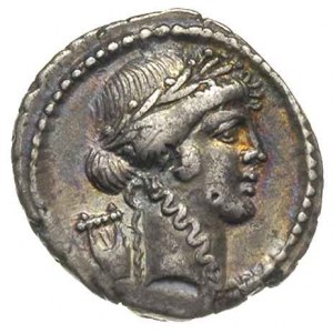 P. Clodius m. f. 42 pne, denar, Rzym, Aw: Głowa Apolla ...