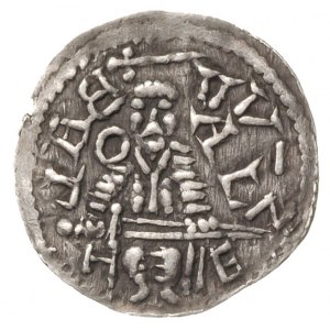 denar 1146-1157, Aw: Książę z mieczem na tronie, napis ...