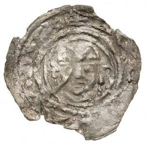denar, Kamień Pomorski, Aw: Głowa św. Jana, napis w oto...