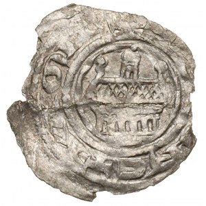 denar, Kamień Pomorski, Aw: Głowa św. Jana, napis w oto...