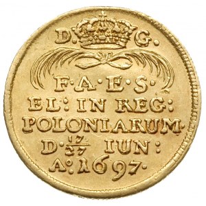 dukat koronacyjny 1697, Drezno, Aw: Król na koniu w pra...