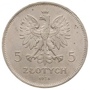 5 złotych 1928, Bruksela, Nike, na rewersie z prawej st...