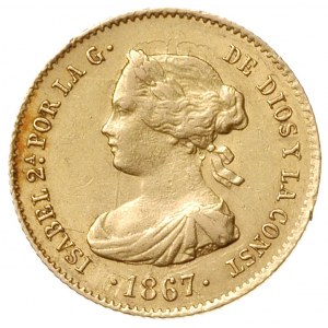 4 escudo 1867, Madryt, złoto 3.34 g, Fr. 337, Cayon 172...