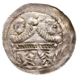 denar z lat 1146-1157, Aw: Rycerz stojący na wprost z p...