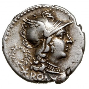 denar 136 pne, Rzym, Aw: Głowa Romy w hełmie w prawo, z...