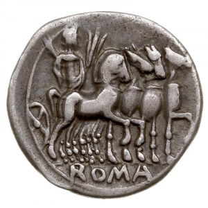denar 130 pne, Rzym, Aw: Głowa Romy w hełmie w prawo, z...