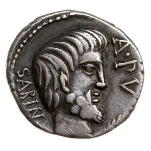 denar 89 pne, Rzym, Aw: Głowa brodatego Tariusa w prawo...