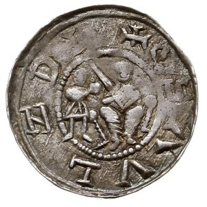 denar, Aw: Książę z mieczem siedzący na tronie, z lewej...