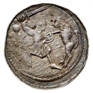denar, Aw: Książę z mieczem siedzący na tronie, z lewej...