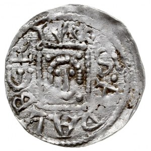 denar ok. 1146-1157, Aw: Książę z mieczem na tronie, wo...