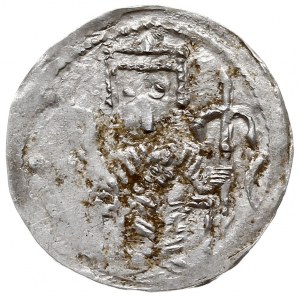 denar ok. 1157-1166, Aw: Książę siedzący na tronie na w...