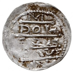 denar ok. 1157-1166, Aw: Książę siedzący na tronie na w...