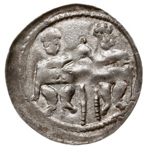 denar ok. 1146-1157, Aw: Dwaj książęta siedzący wspólni...