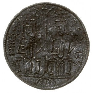 pieniądz miedziany ok. 1172-1182, Aw: Dwaj królowie sie...