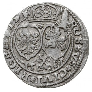 grosz 1581, Ryga, odmiana z dwoma tarczami herbowymi i ...