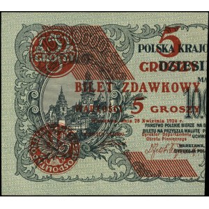 5 groszy 28.04.1924, nadruk na lewej części banknotu 10...