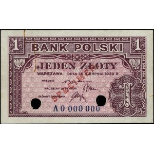 1 złoty 15.08.1939, seria A, numeracja 0000000, na stro...