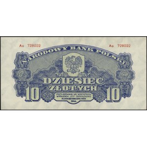 10 złotych 1944, seria Ao, numeracja 728022, w klauzuli...