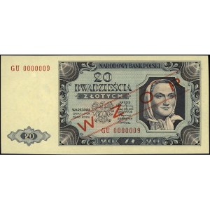 20 złotych 1.07.1948, seria GU, numeracja 0000009, czer...