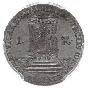 grosz wikariacki 1741, Drezno, Aw: Król na koniu, Rw: T...