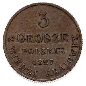 3 grosze polskie z miedzi krajowej 1827/FH, Warszawa, I...