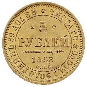 5 rubli 1853 СПБ-АГ, Petersburg, złoto 6.56 g, Bitkin 3...