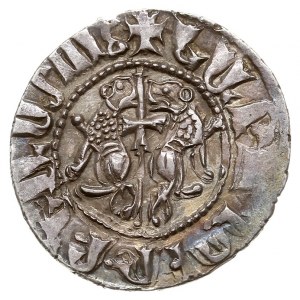 Levon I 1198-1219, tram, Aw: Król siedzący na tronie na...