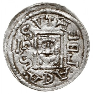 Denar 1146-1157, Aw: Książę z mieczem na tronie, BOLEZL...