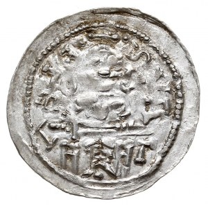 Denar 1146-1157, Aw: Książę z mieczem na tronie, BOLEZL...