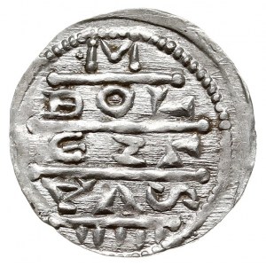 Denar 1157-1166, Aw: Książę siedzący na tronie na wpros...