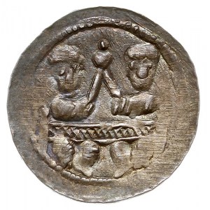 Denar 1146-1157, Aw: Dwaj książęta siedzący wspólnie za...
