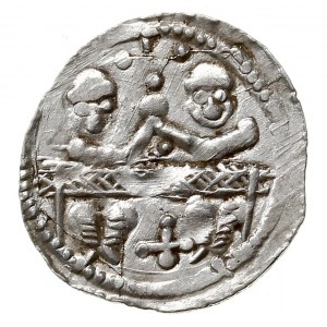 Denar 1146-1157, Aw: Dwaj książęta siedzący wspólnie za...