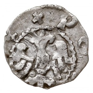 Denar ok. 1325-1333, Aw: Hełm rycerski z pióropuszem, +...