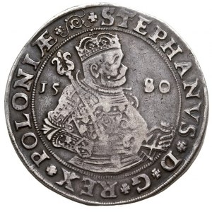 talar 1580, Olkusz, Aw: Półpostać króla w prawo, po bok...