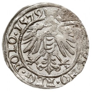 grosz 1579, Olkusz, Aw: Duża głowa króla w prawo i napi...