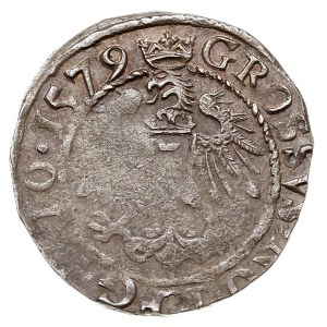 grosz 1579, Olkusz, Aw: Mała głowa króla w prawo i napi...