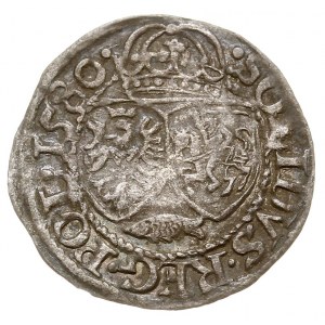 szeląg 1580, Olkusz, Aw: Monogram królewski z herbem Ba...