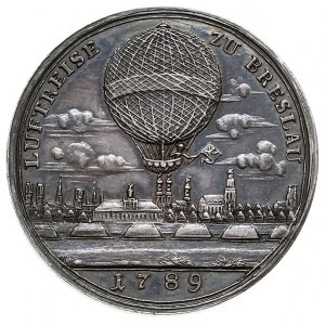 Pokaz lotu balonem nad Wrocławiem 1789 r., medal niesyg...