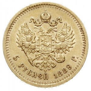 5 rubli 1889 (АГ), Petersburg, złoto 6.44 g, Bitkin 33,...