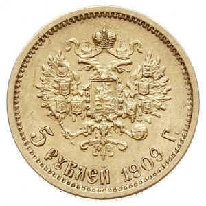5 rubli 1909 / ЭБ, Petersburg, złoto 4.29 g, Bitkin 34 ...