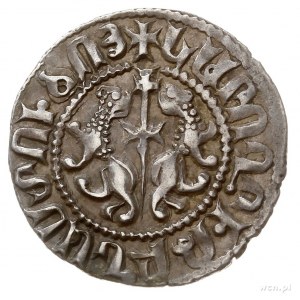 Lewon I 1198-1219, tram, Aw: Król siedzący na tronie na...