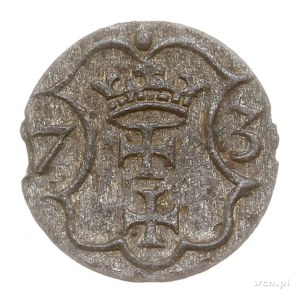 denar 1573, Gdańsk, kartusz tarczy herbowej z 7 łukami,...