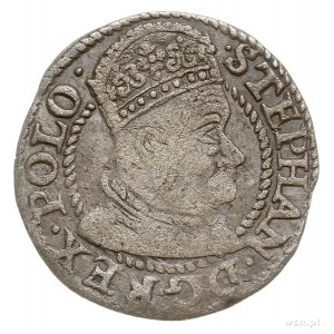 grosz 1579, Olkusz, Aw: Duża głowa króla przerywająca n...