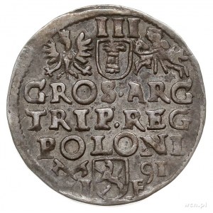trojak 1591, Poznań, na awersie wydłużona twarz króla, ...