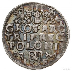 trojak 1593, Poznań, na awersie wydłużona twarz króla, ...