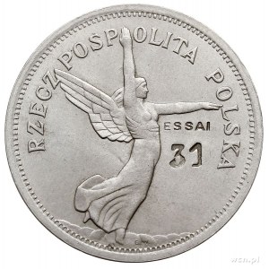 5 złotych 1928, Bruksela, Nike, na rewersie napis ESSAI...