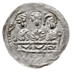 denar, 1157-1166, Aw: Popiersie z mieczem, Rw: Trzej ks...