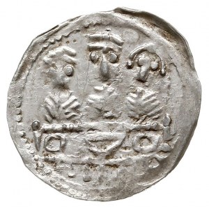 denar, 1157-1173, Aw: Popiersie z mieczem, Rw: Trzej ks...