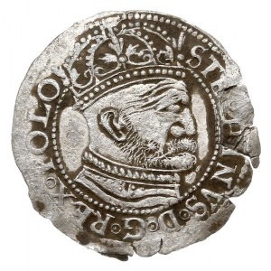 grosz 1580, Olkusz, Aw: Duża głowa króla w prawo i napi...